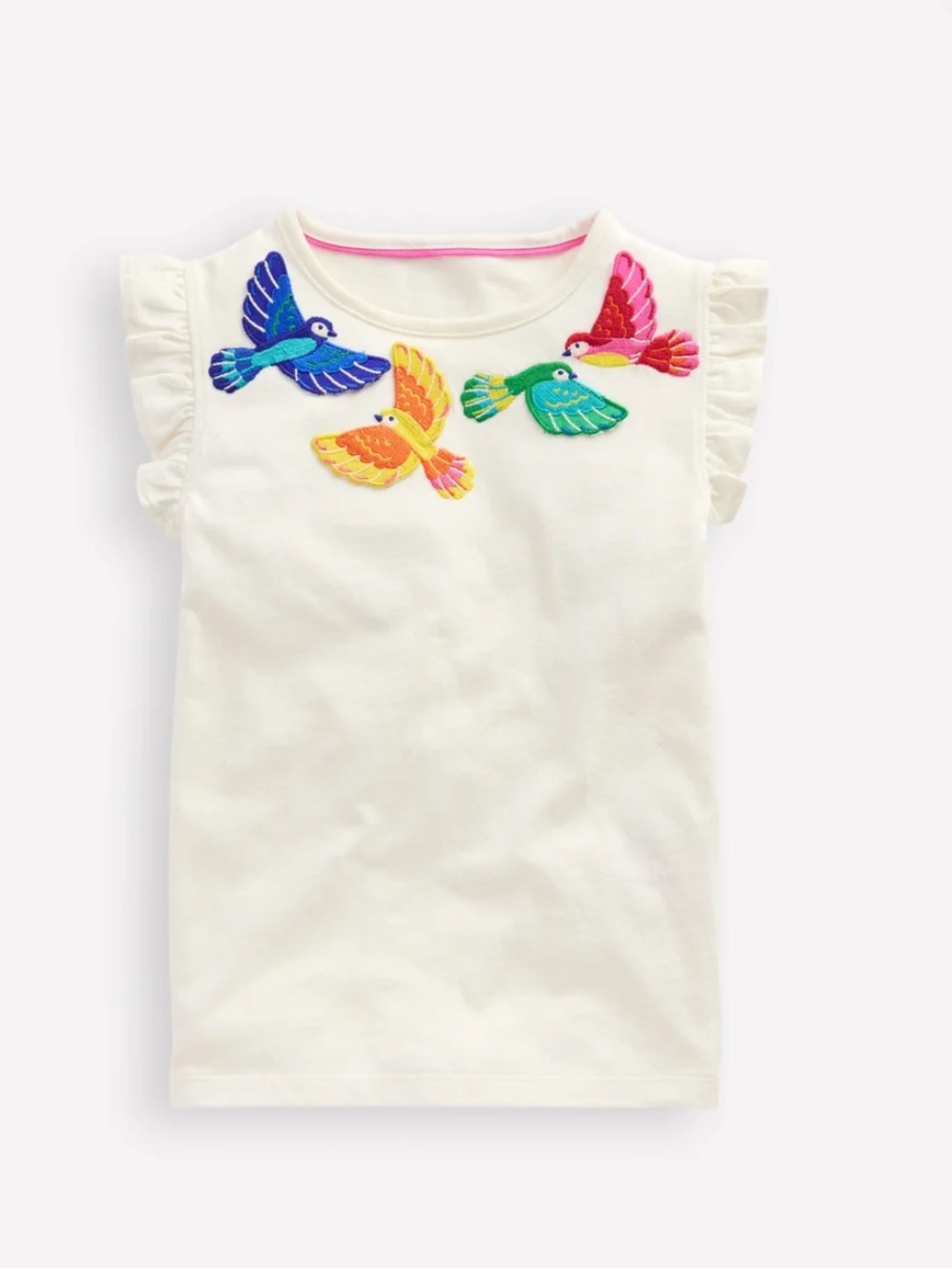 Mini Boden White Girls' Flutter Short Sleeve T-shirt Ivory Birds